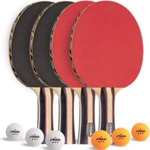 Performance 4 Player Ping Pong Paddle Set of 4 – Table Tennis Rackets, 6 – 3 Star Orange and White Balls