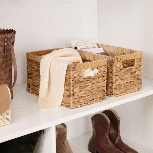 Wicker Storage Baskets for Shelves, Large Shelf Baskets with Handles, Rectangular Wicker Storage Boxes, Woven Basket for Organising Pantry Bathroom, Natural Water Hyacinth, 2-Pack