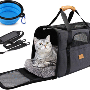 Cat Carrier, Portable Pet Carrier Bag for Cats and Small Dogs, Foldable Soft Sided Cat Transport Carrier, Airline Approved Pet Travel Carrier with Shoulder Strap, Removable Mat and Pet Bowl