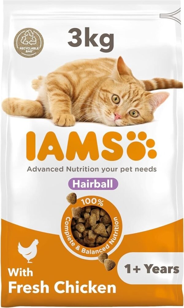 IAMS Hairball Complete Dry Cat Food Chicken 3kg - Significantly Reduces Hairball Formation