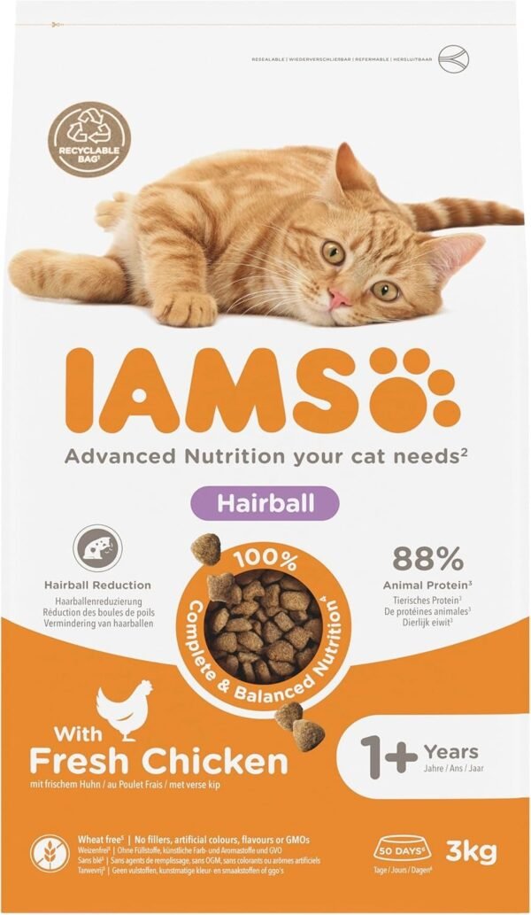 IAMS Hairball Complete Dry Cat Food Chicken 3kg - Significantly Reduces Hairball Formation