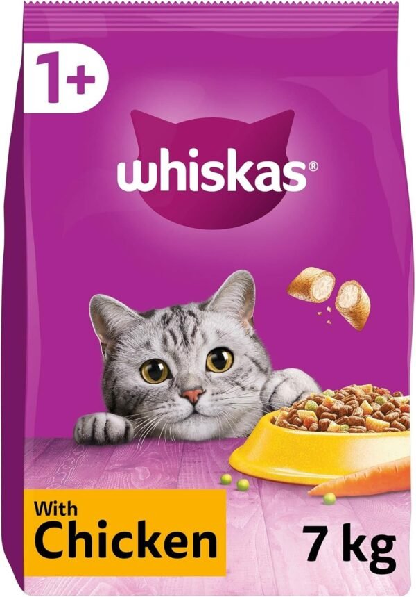 WHISKAS - 1+ Adult Dry Cat Food - 7kg - Biscuits Made with Chicken - Bulk Cat Food Bag